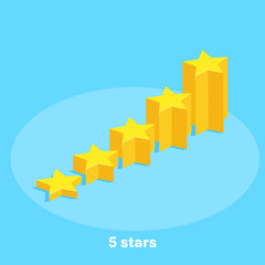 Fototapeta premium isometric vector image on a blue background, five stars in the form of a rising diagram, high rating