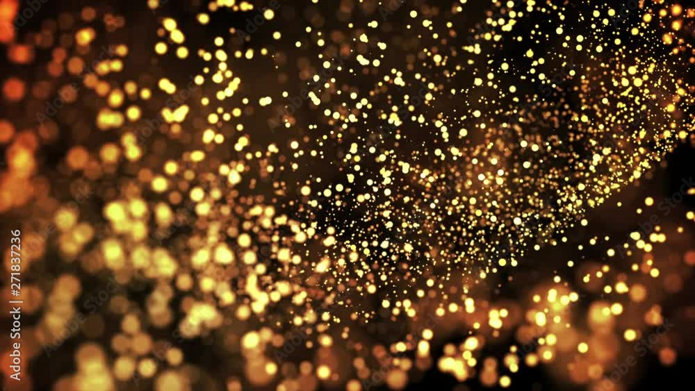 Poster gold particles in liquid float and glisten. background with glittering golden particles depth of fie