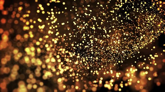 gold particles in liquid float and glisten. Background with glittering golden particles depth of field and bokeh. Luma matte to cut out glowing particles for holiday presentations. 4k 3d animation. 46