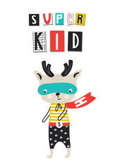 Super Kid - Super Hero. Cute and fun kids nursery poster with deer animal and hand drawn lettering. - 271837410