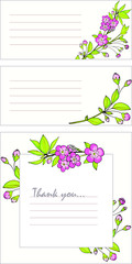 Set of invitation cards. Cherry branch. Colorful. Vector. Element for design. Hand drawn doodle, sketch. Botanical illustration.