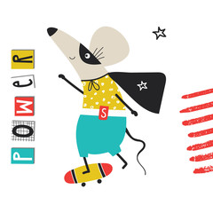 Super Hero - cute and fun kids nursery poster with mouse animal rides on skateboard and hand drawn lettering.
