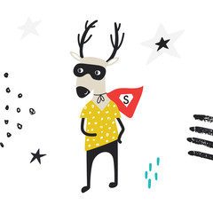Super Hero - cute and fun kids nursery poster with little deer animal in hero mask. Vector illustration