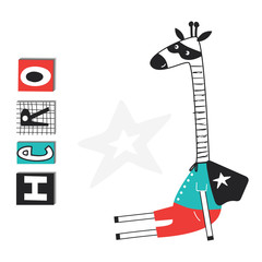 Super Hero - cute and fun kids nursery poster with giraffe animal and hand drawn lettering. Vector illustration.