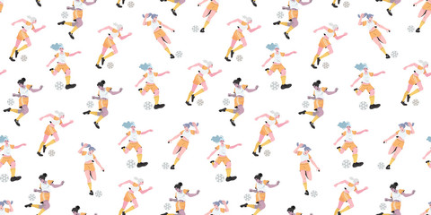 Vector illustration of girls in a professional uniform playing football or soccer. Seamless pattern with a women soccer team that can be used as a background for souvenir or promotional gifts.