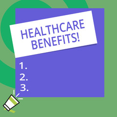 Conceptual hand writing showing Healthcare Benefits. Concept meaning monthly fair market valueprovided to Employee dependents Big Square rectangle stick above small megaphone left down corner