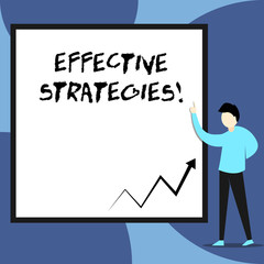 Word writing text Effective Strategies. Business photo showcasing Sound Tactical Scheme Powerful Operational Decisions View young man standing pointing up blank rectangle Geometric background