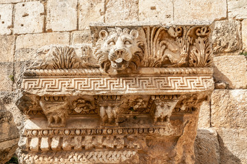 Head of the lion, Roman wall ornament at Bacchus temple, Bekaa Valley, Baalbek, Lebanon