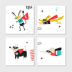 Super Hero - collection of cards with cute and fun kids super hero animals. Vector illustration