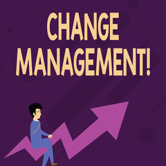 Word writing text Change Management. Business photo showcasing Replacement of leadership in an organization New Policies Businessman with Eyeglasses Riding Crooked Color Arrow Pointing Going Up