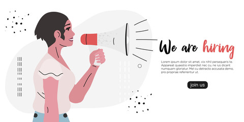 Vector illustration of people shouting in loud speaker and recruiting new employees, workers. We are hiring or job recruitment banner, poster, flyer or landing page concept for ui, web or mobile app.