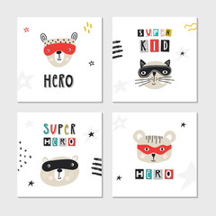 Super Hero - collection of cards with cute and fun kids super hero animals. Vector illustration