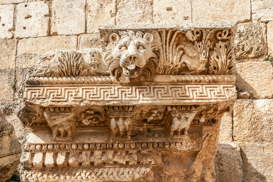 Head of the lion, Roman wall ornament at Bacchus temple, Bekaa Valley, Baalbek, Lebanon