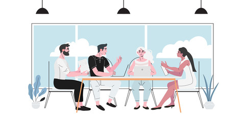 Vector illustration of a corporate business team or managers on a meeting discussing with colleagues a presentation or working on a new startup project in office. Concept of brainstorming or teamwork.