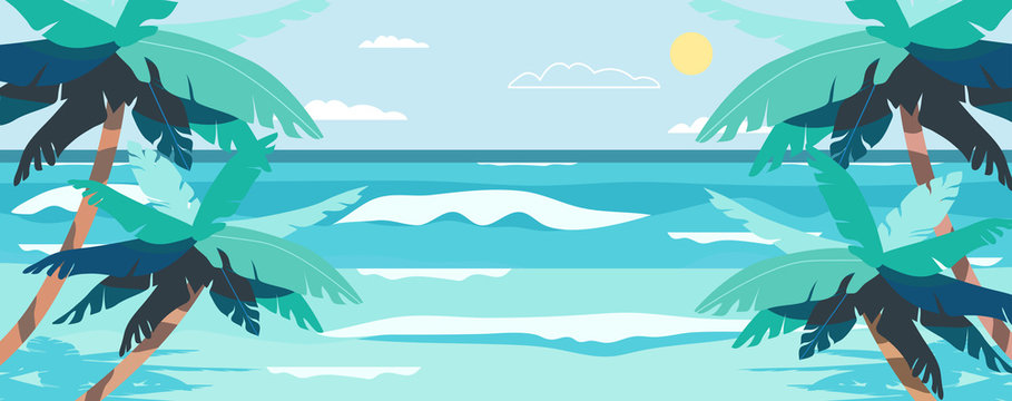 Vector illustration of a beach and a sea coast landscape. Creative summer banner or landing page for tour operator or travel agency. Summer theme background.