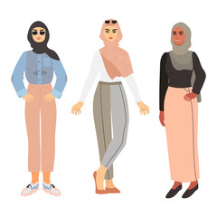 Vector illustration of different women in hijab isolated on a white background. A set of modern independent muslim women in a stylish clothes. Arab women fashion.
