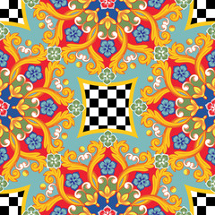 Seamless bright background. Colorful ethnic round ornamental mandala. Trendy pattern. Vector illustration - 271840001