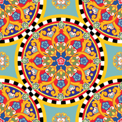 Seamless bright background. Colorful ethnic round ornamental mandala. Trendy pattern. Vector illustration - obrazy, fototapety, plakaty
