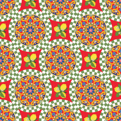 Seamless pattern background. Colorful ethnic round ornamental mandala with lemons. Vector illustration - 271840216