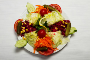 Salad varieties of Turkish cuisine. Tomatoes, peppers, carrots, lettuce, cucumbers and other varieties.
