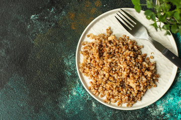 buckwheat porridge - garnish grits. copy space for text and lettering