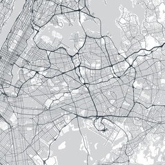 Fototapeta na wymiar Queens map. Light map of Queens borough (New York, United States). Highly detailed map of Queens with water objects, roads, railways, etc.