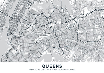 Fototapeta na wymiar Queens map. Light poster with map of Queens borough (New York, United States). Highly detailed map of Queens with water objects, roads, railways, etc. Printable poster.