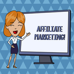 Text sign showing Affiliate Marketing. Business photo showcasing Promoting another demonstratings product Earning a Commission White Female in Standing Pointing Blank Screen Whiteboard Presentation
