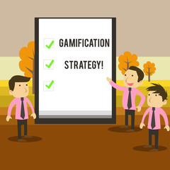 Writing note showing Gamification Strategy. Business concept for use Rewards for Motivation Integrate Game Mechanics Business Colleagues Discuss Missions Presentation Whiteboard Ticks