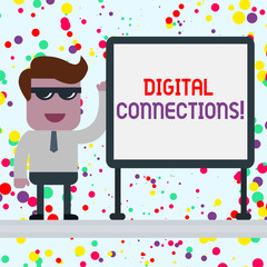 Conceptual hand writing showing Digital Connections. Concept meaning Powerful Ways to Connect Online Global High Definition Office Worker Sunglass Blank Whiteboard Meeting Presentation