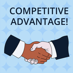 Word writing text Competitive Advantage. Business photo showcasing Company Edge over another Favorable Business Position Hand Shake Multiracial Male Business Partners Colleagues Formal Shirt Suit