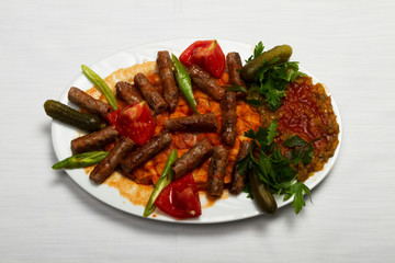 Selection of meat from Turkish cuisine. Meatballs, steaks, tenderloin and other varieties.