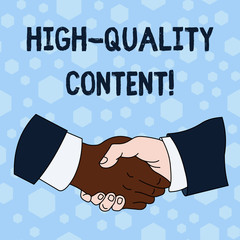 Word writing text High Quality Content. Business photo showcasing Website is Useful Informative Engaging to audience Hand Shake Multiracial Male Business Partners Colleagues Formal Shirt Suit