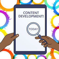 Conceptual hand writing showing Content Development. Concept meaning Specialized in Graphic Design Multimedia Documentation Hands Holding Magnifying Glass Against Switched Off Tablet