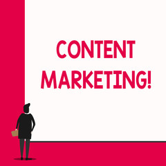 Conceptual hand writing showing Content Marketing. Concept meaning Involves the creation and sharing of online material Man stands in back view in front of huge big rectangle board