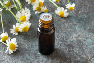 A bottle of chamomile essential oil and flowers