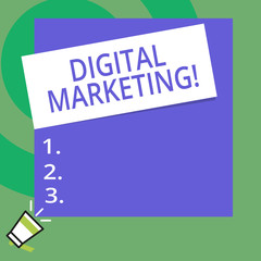 Conceptual hand writing showing Digital Marketing. Concept meaning Search Engine Optimazation Pay Per Click Ad Internet Big Square rectangle stick above small megaphone left down corner