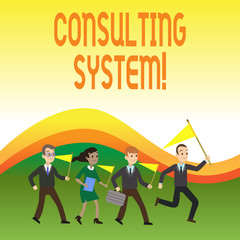 Writing note showing Consulting System. Business concept for Helping firms improve process adequacy and functionality Crowd Flags Headed by Leader Running Demonstration Meeting