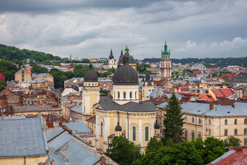 Obraz premium View on The Church of the Transfiguration in Lviv, Ukraine from drone