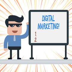 Handwriting text Digital Marketing. Conceptual photo Search Engine Optimazation Pay Per Click Ad Internet Businessman Office Worker Sunglasses Blank Whiteboard Meeting Presentation