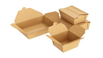 Packaging food box cardboard brown open and closed isolated. 3D rendering