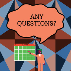 Writing note showing Any Questions Question. Business concept for Asking for inquiry Interrogation Clarification Businessman Smiling and Pointing Calendar with Star on Wall