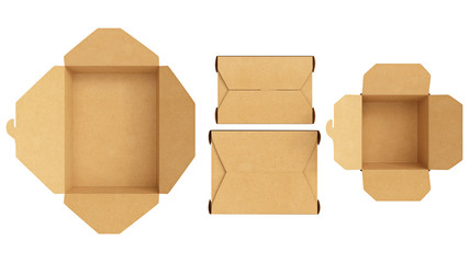 Packaging food box cardboard brown open and closed on white isolated background, top view. 3D rendering