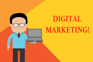 Handwriting text Digital Marketing. Conceptual photo Search Engine Optimazation Pay Per Click Ad Internet Standing man in suit wearing eyeglasses holding open laptop photo Art