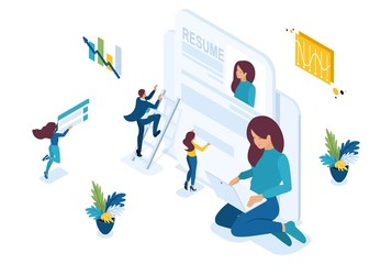 Isometric girl makes a resume, aspirant, job seeker concept. Concept for web design