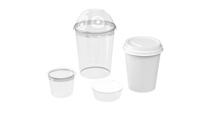 Packaging food plastic transparent glasses on white isolated background. 3D rendering