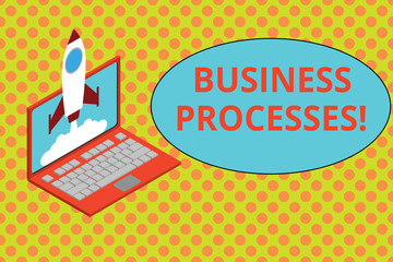 Text sign showing Business Processes. Business photo showcasing Methods practices involves in running a commerce Rocket launching clouds laptop background. Startup project growing. SEO