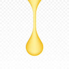 Oil drop, yellow water droplet or gold honey drip isolated on transparent background. Golden caramel. Vector stock illustration.
