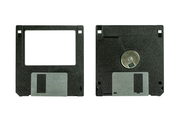 Floppy disk 3.5 inch isolated on white backround. Vintage computer diskette. Front and back view...