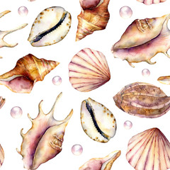 Watercolor shells and pearls seamless pattern. Hand painted underwater element illustration isolated on white background. Aquatic illustration for design, print or background.